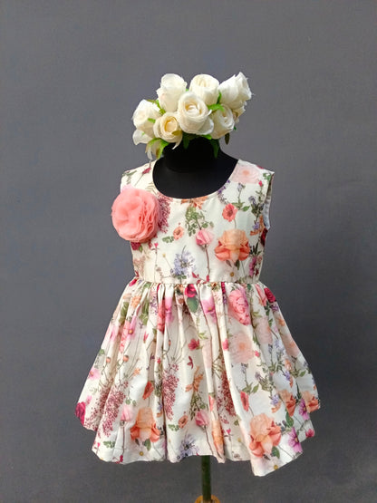 MULTICOLOR PRINTED OFF WHITE FLORAL DRESS