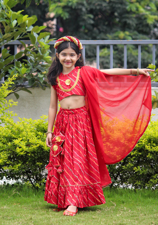 Girls Cotton Seleeveless Leheriya Gotapatti Lehenga Set