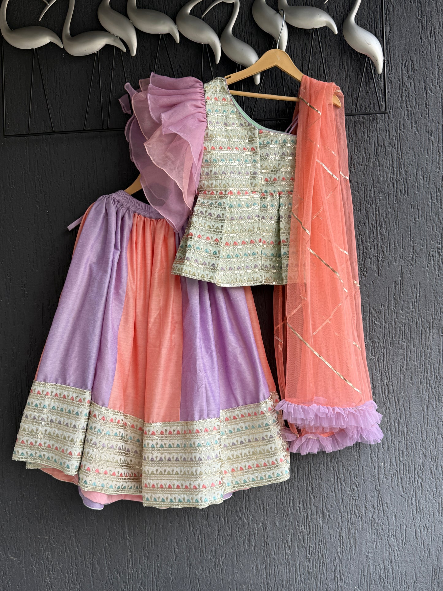 PEACH AND PURPLE EMB LEHENGA SET