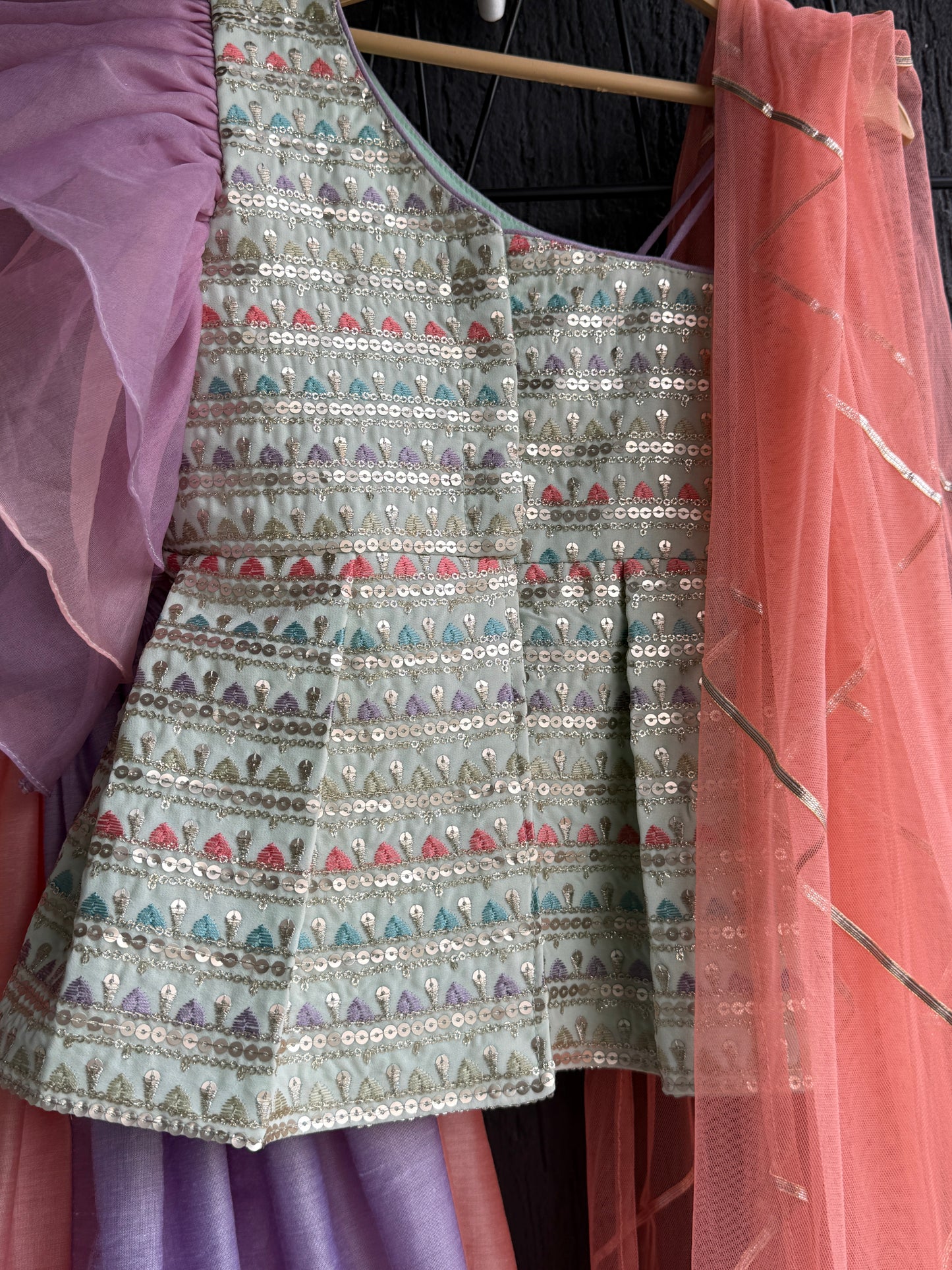 PEACH AND PURPLE EMB LEHENGA SET