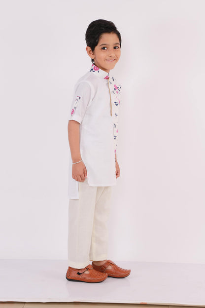 WHITE PRINTED LAYERED KURTA WITH PYJAMA