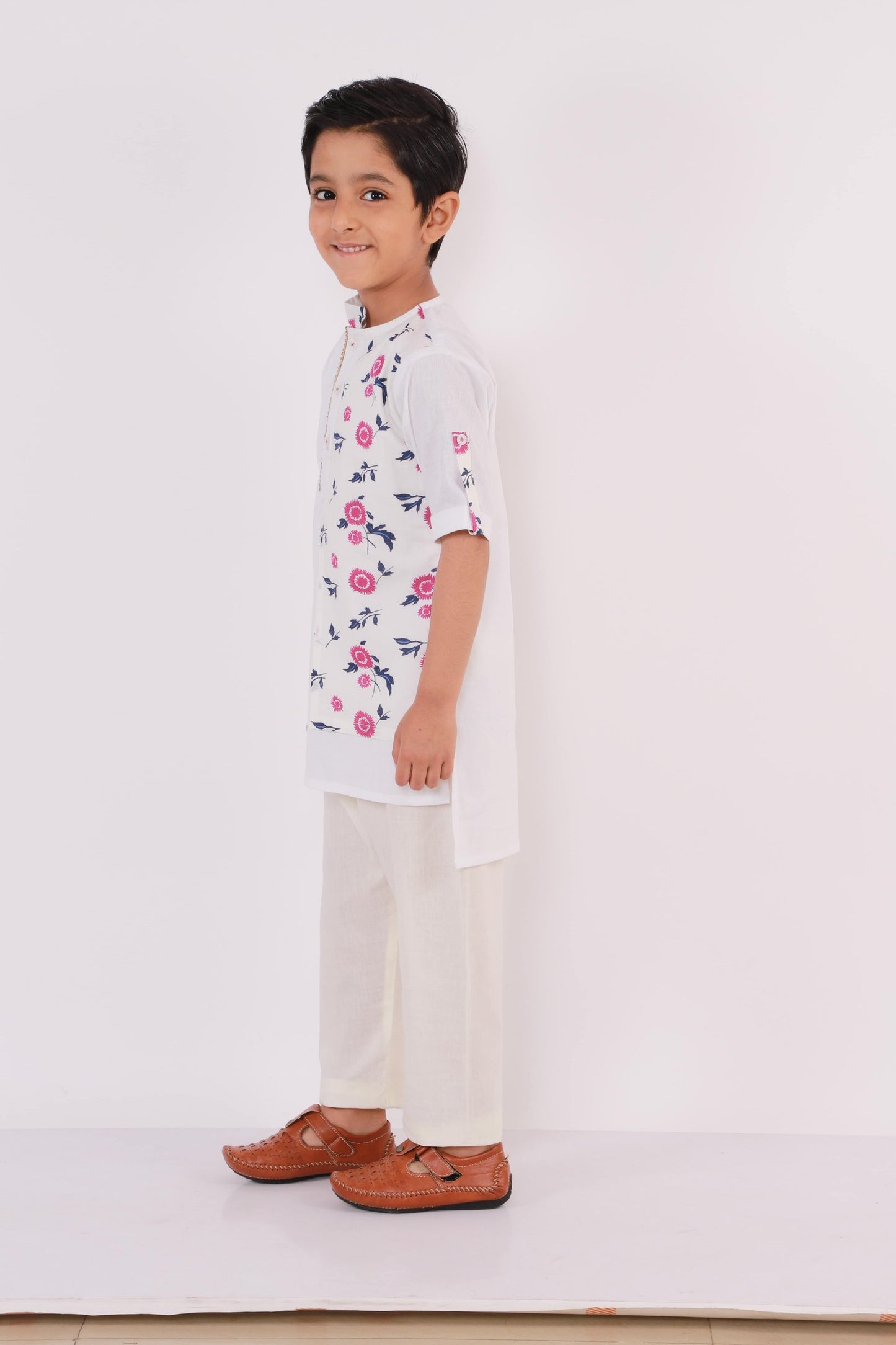 WHITE PRINTED LAYERED KURTA WITH PYJAMA