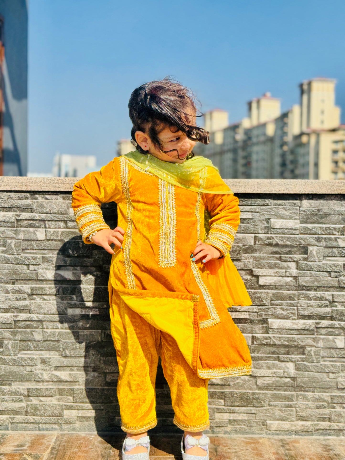 YELLOW VELVET KURTA SET
