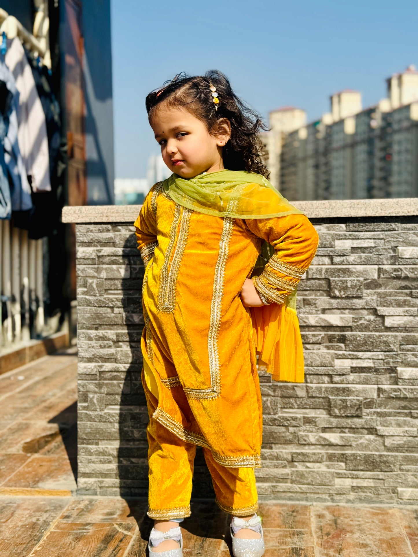 YELLOW VELVET KURTA SET
