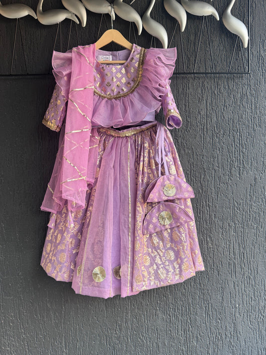 LAVENDAR  ORGANZA FRILLY  CHANDERI LEHNGA SET AND DUPPATA