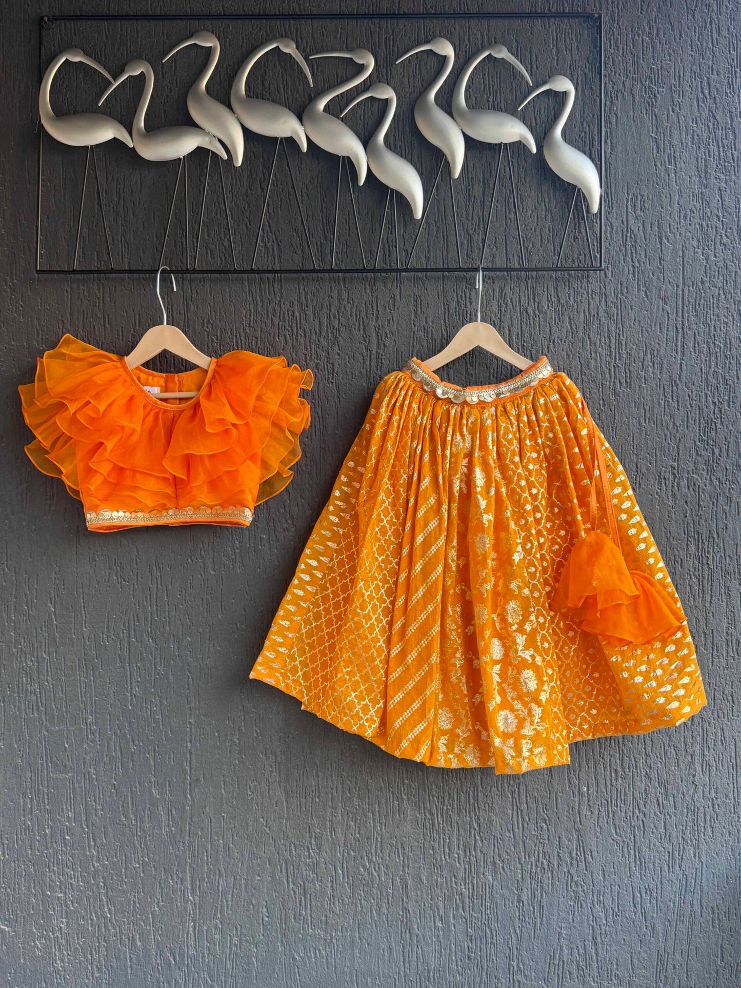 ORANGE ORGANZA FRILL CHANDERI LEHNGA SET