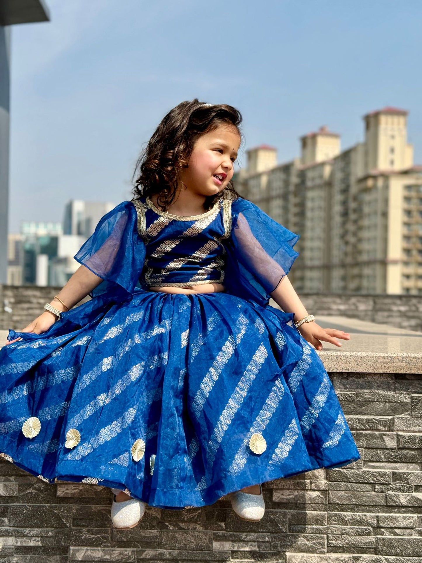 BLUE CHANDERI FRILL BLOUSE LEHNGA SET