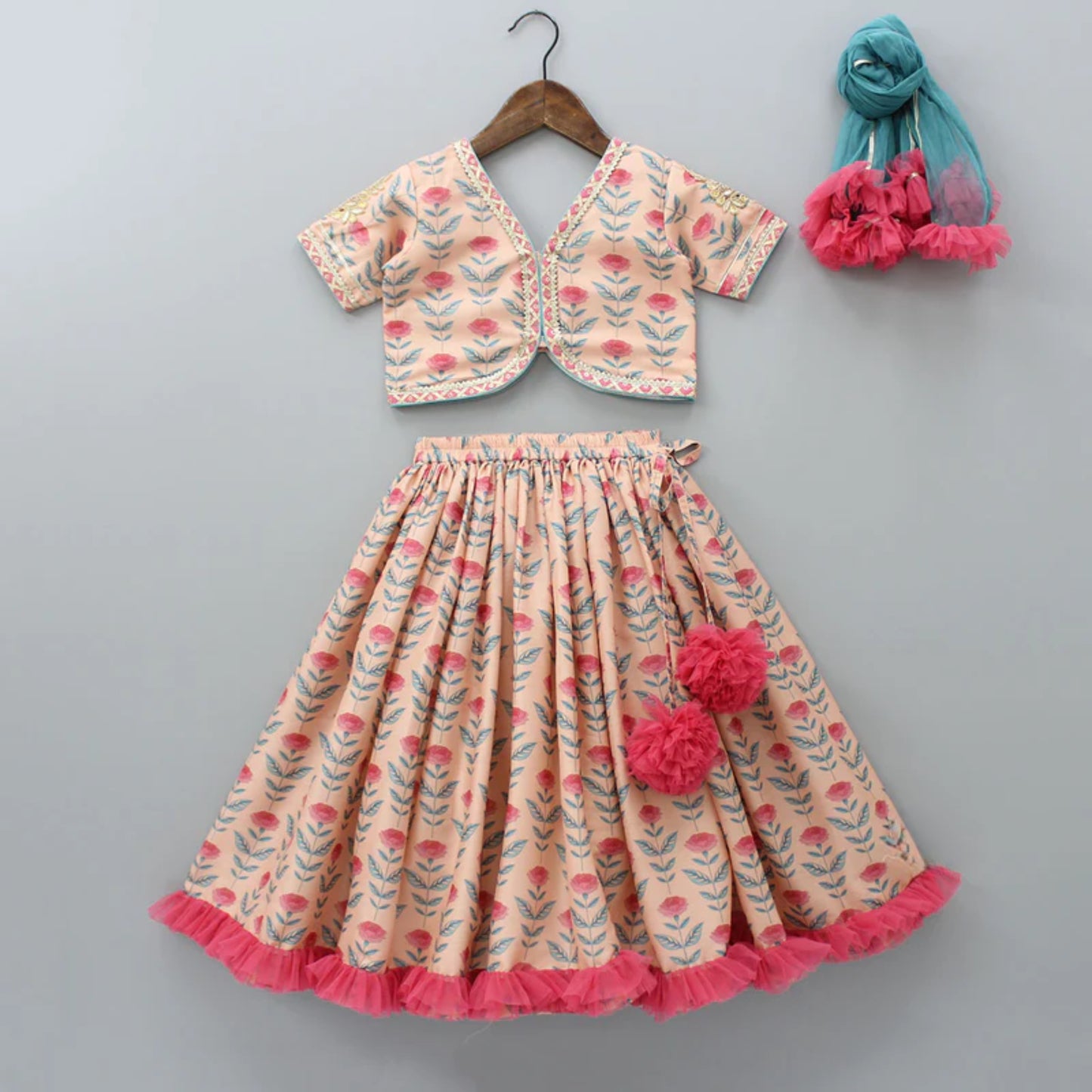 FLORAL PRINTED CROP TOP WITH LEHENGA AND NET DUPATTA