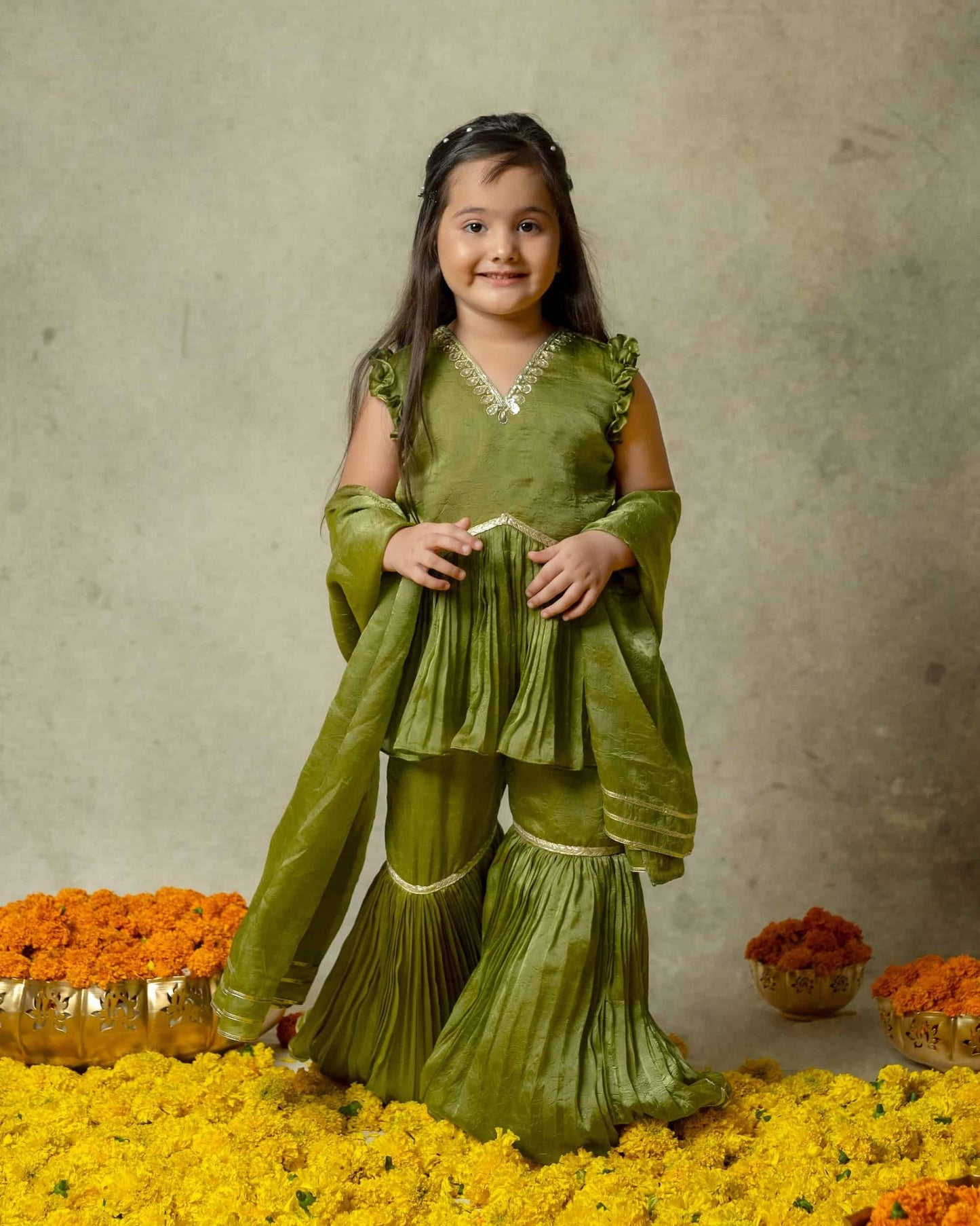 OLIVE GREEN SHARARA SET
