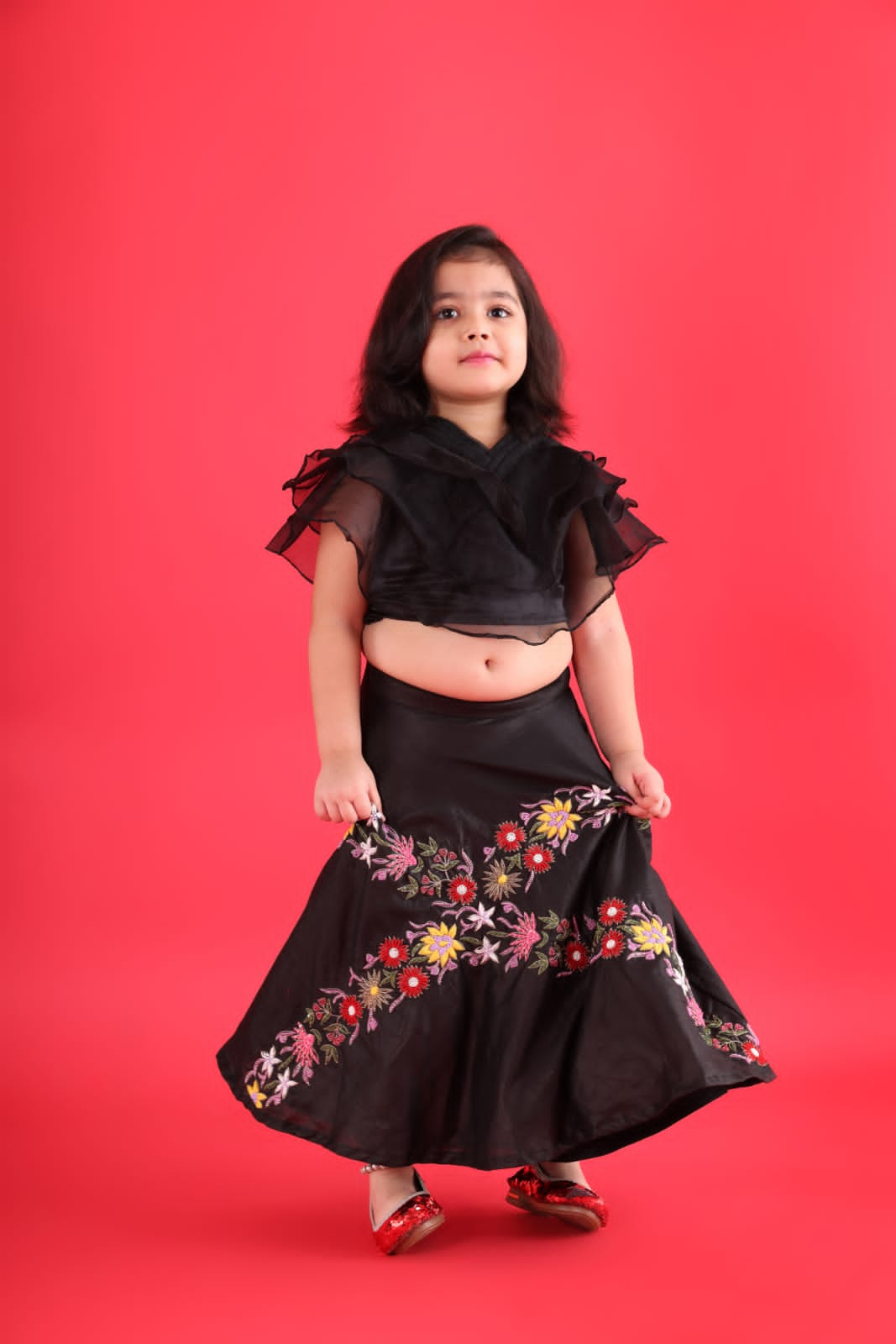 BLACK FRILL TOP WITH EMBROIDERY LEHENGA