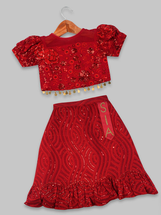 RED  EMBROIDERY TOP  WITH  LEHENGA