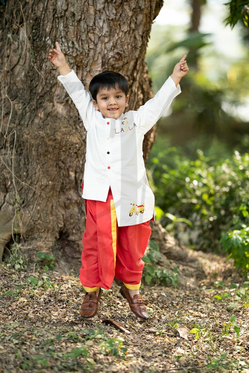 WHITE  MAA  KA  LADLA   KURTA   WITH   RED  DHOTI