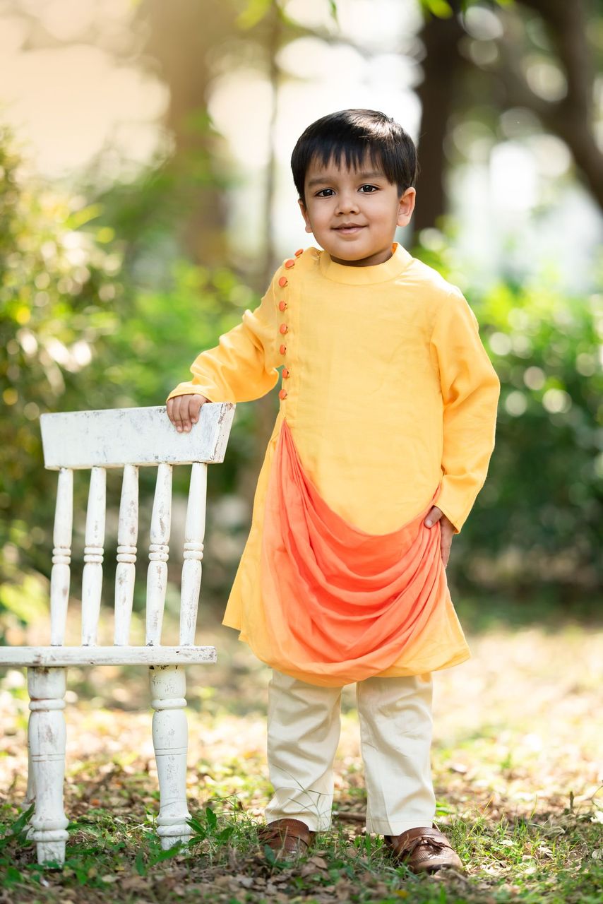 YELLOW  ORANGE SHADED  CAPE  STYLE  KURTA WITH  PANT