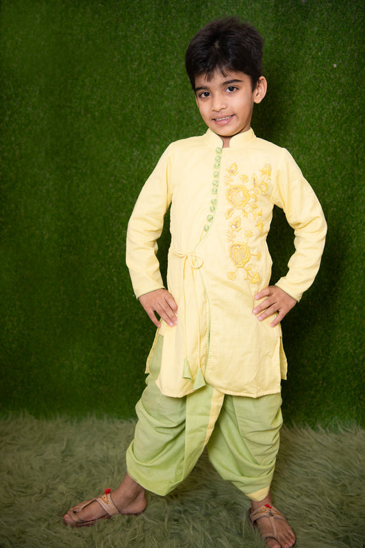 LEMON  YELLOW  EMBROIDERY  ANGARKHA  KURTA WITH   GREEN   DHOTI