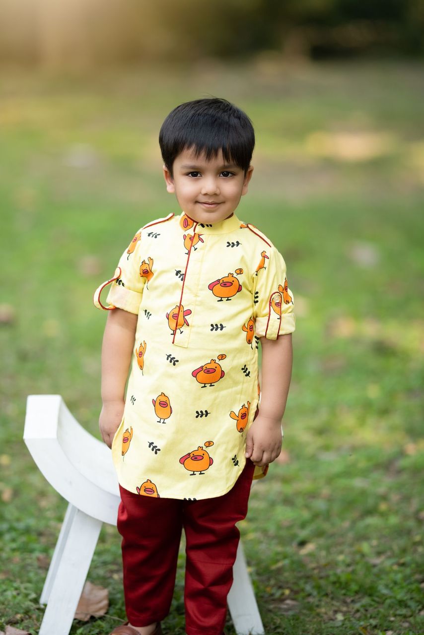 YELLOW CHICKEN PRINT KURTA WITH MAROON PANTS