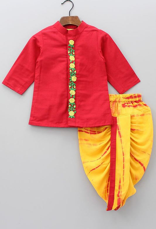 RED BUTTON PATTI EMBROIDERY TYE AND DYE YELLOWDHOTI