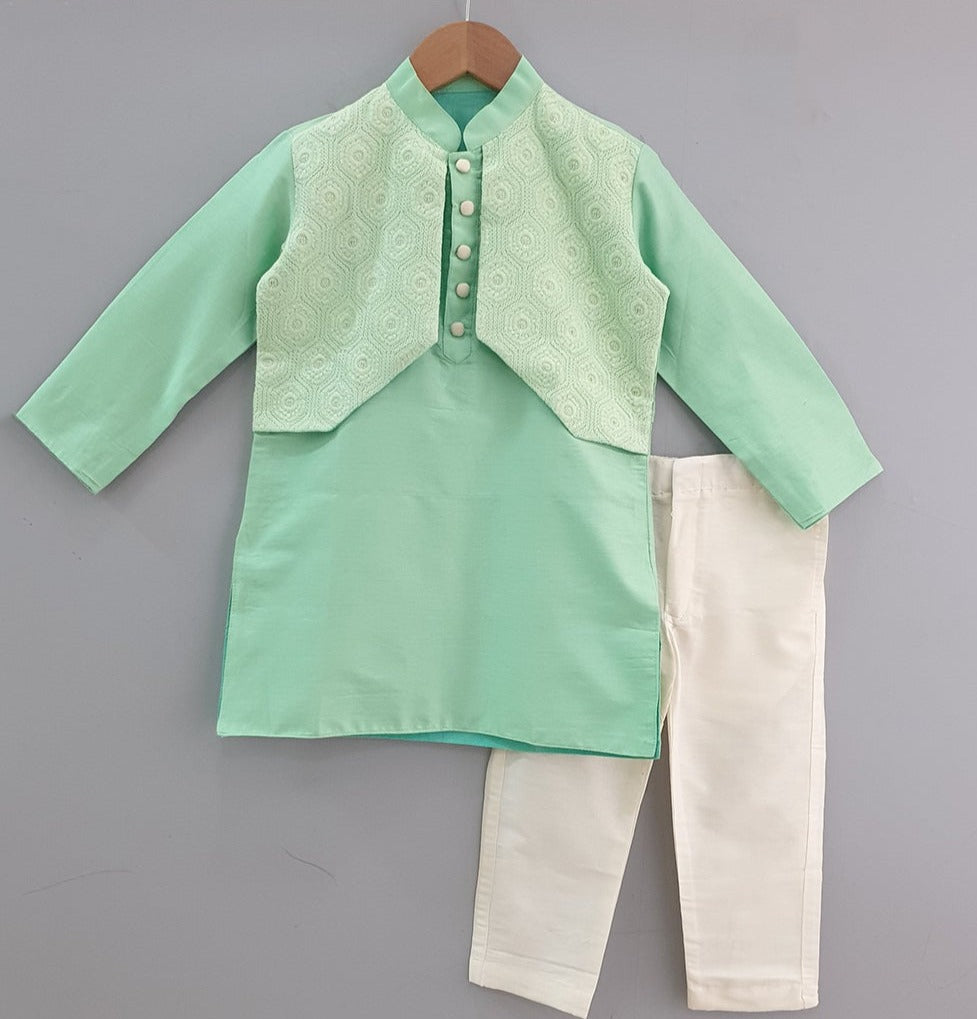 GREEN  KURTA  PYJAMA  WITH  CHICKEN WORK JACKET