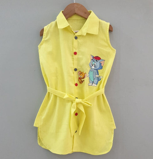 YELLOW  TOM AND JERRY   EMBROIDERY   DRESS