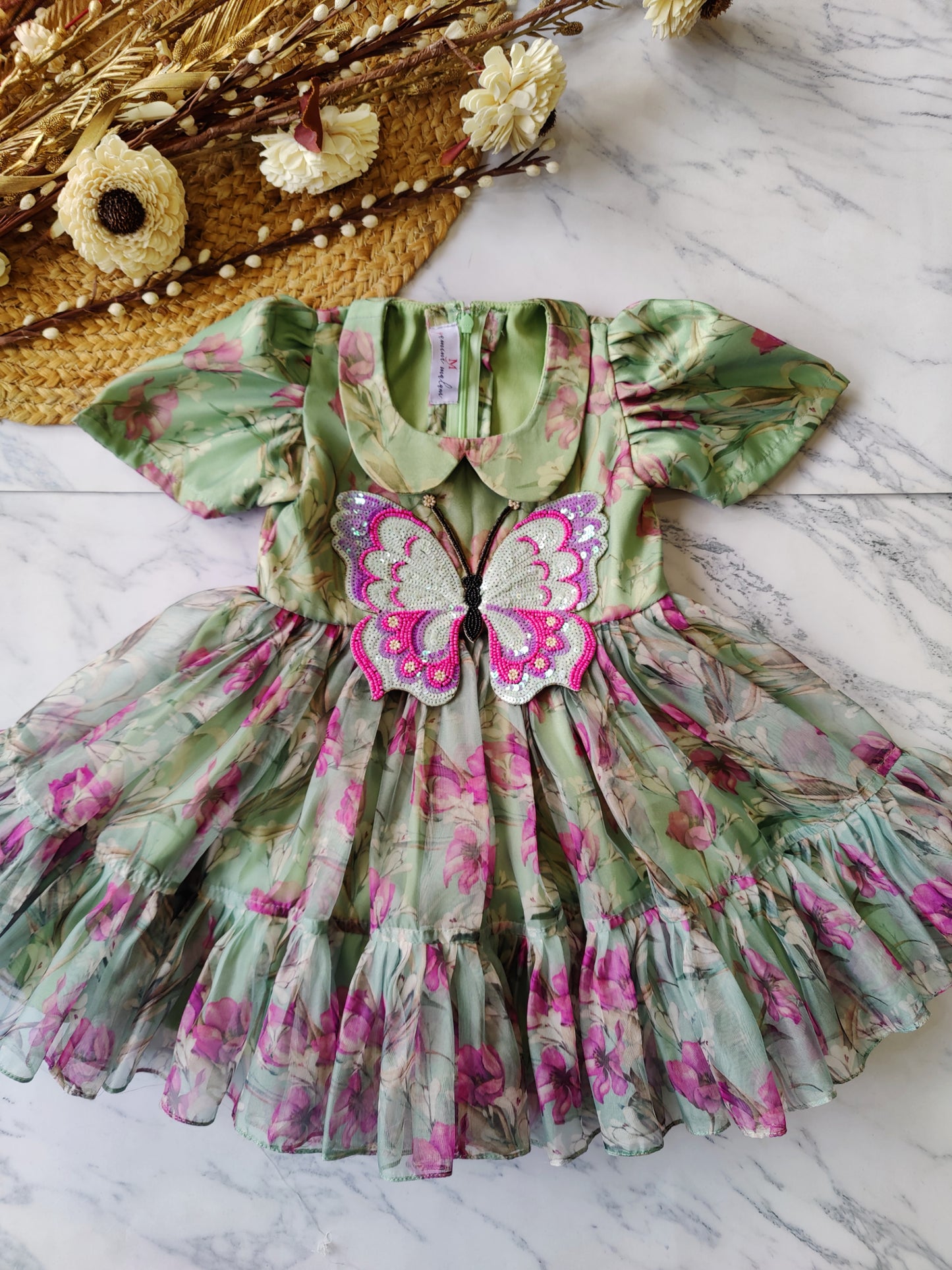 Green Pink Butterly Floral Dress