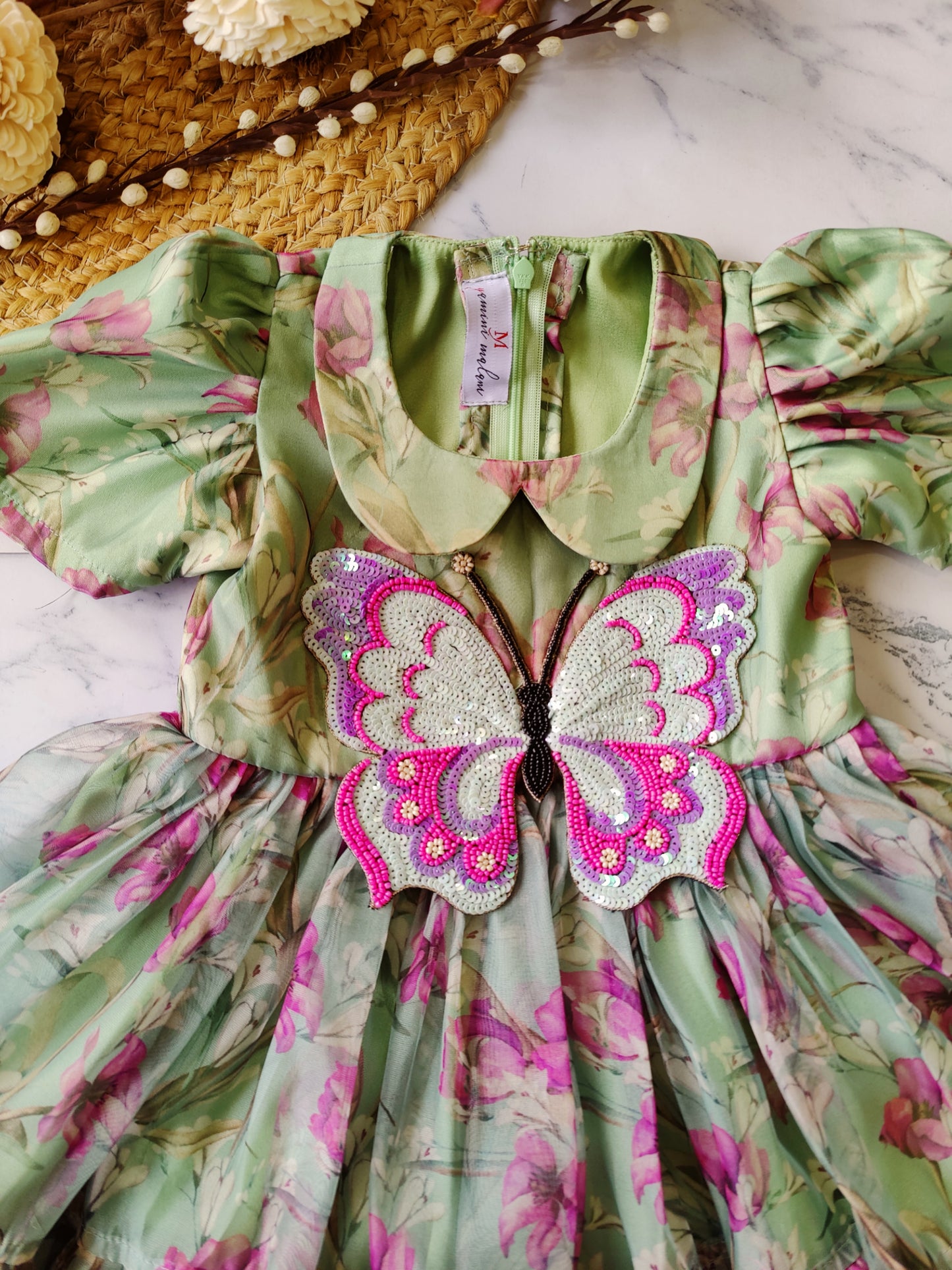 Green Pink Butterly Floral Dress