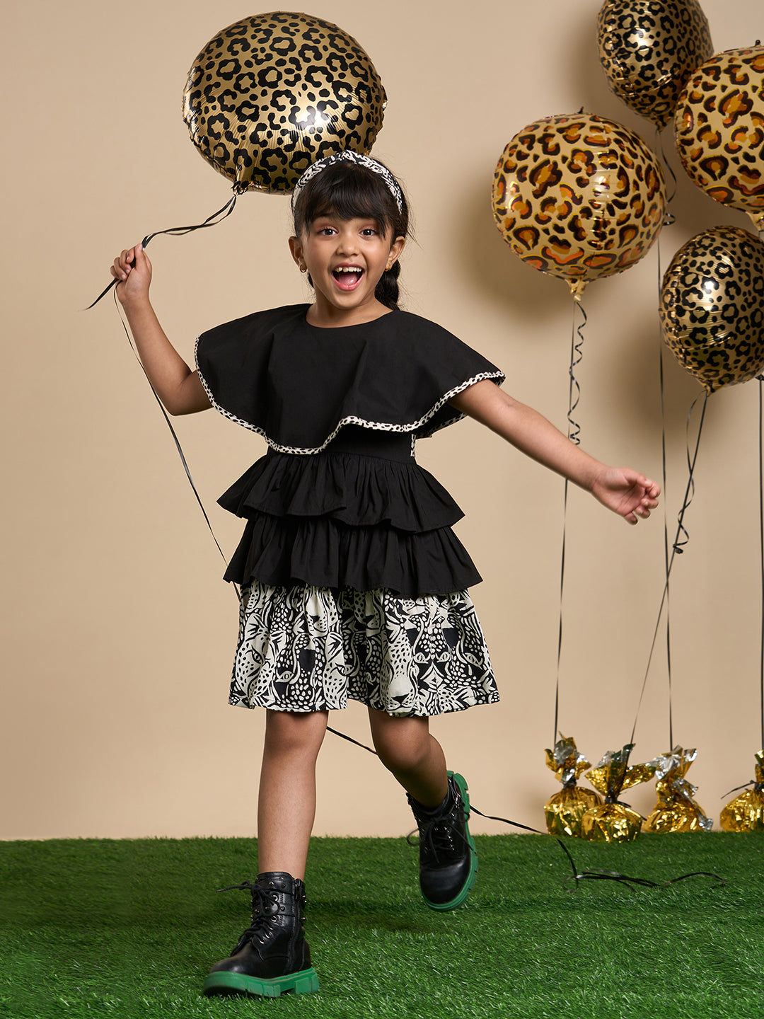 Leopard Girls Brown and Black Printed Dress with Hairband from Siblings Collection