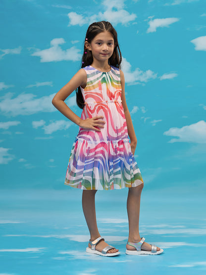 Rainbow Barbie Girls White Fit and Flare Party Dress