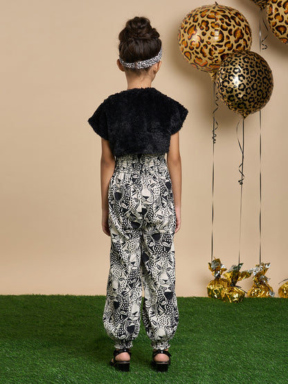 Leopard Girls Brown and Black Printed Jumpsuit with Jacket and Hairband from Siblings Collection