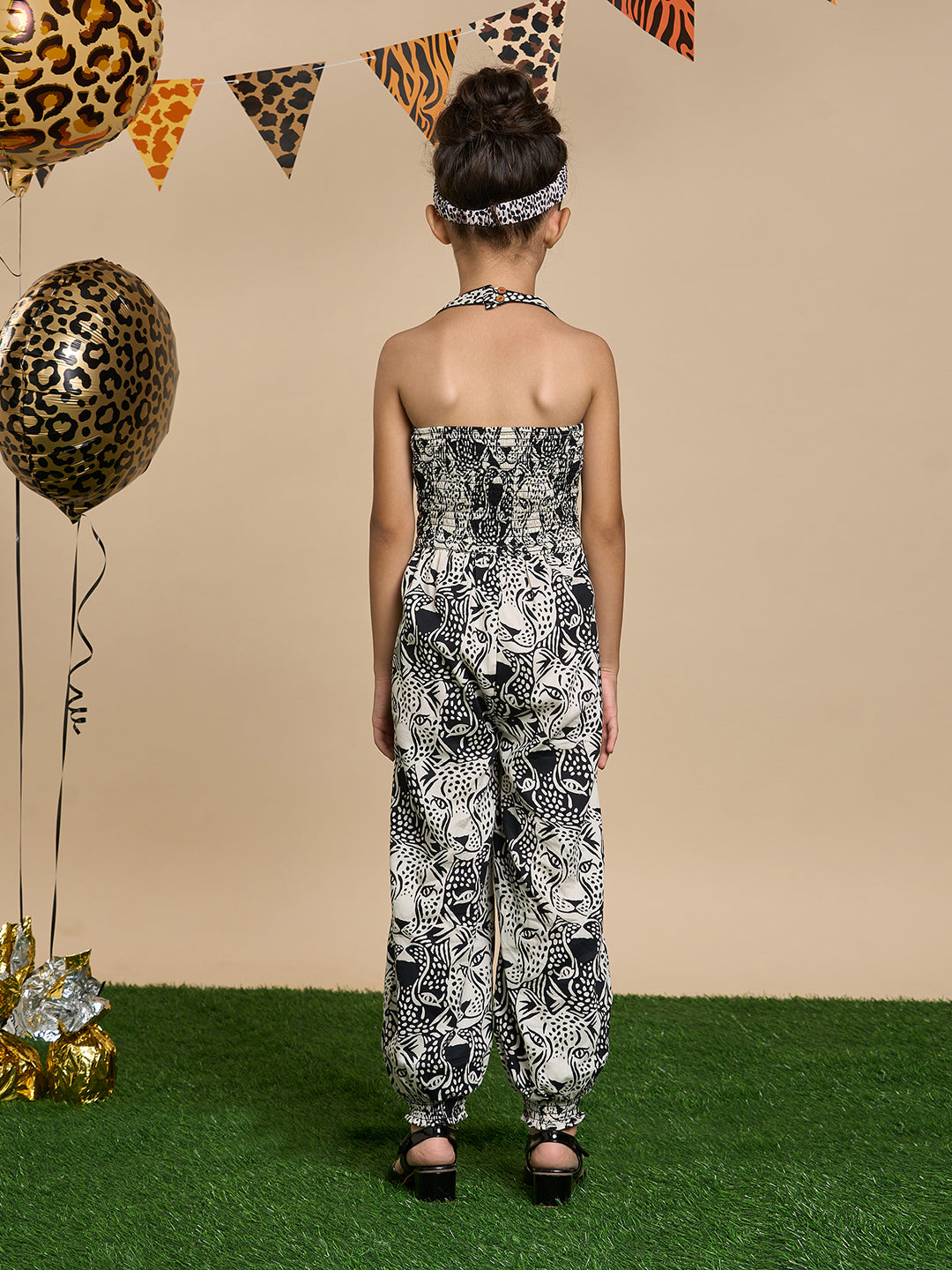 Leopard Girls Brown and Black Printed Jumpsuit with Hairband  from Siblings Collection