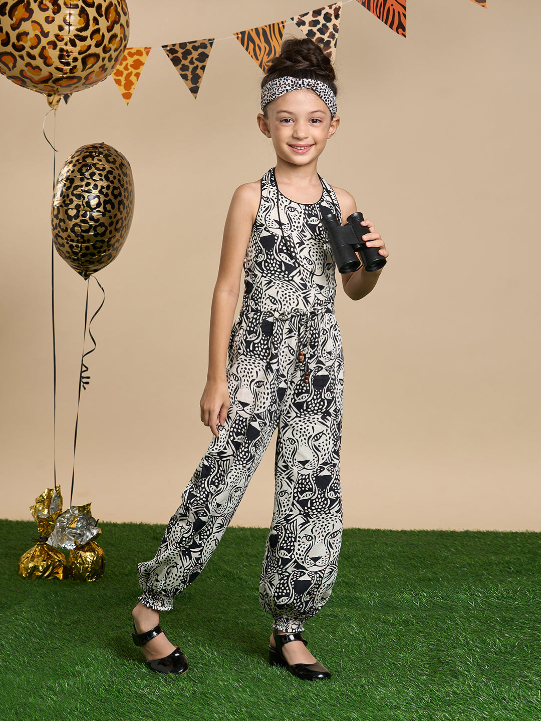 Leopard Girls Brown and Black Printed Jumpsuit with Hairband  from Siblings Collection