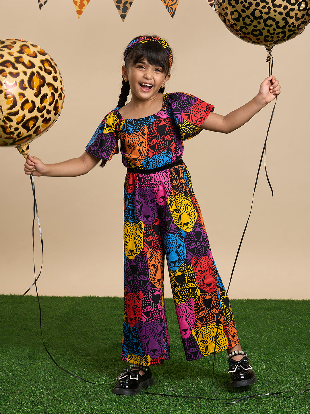 Leopard Girls Multi Color Stylish Jumpsuit with Hairband from Siblings Collection