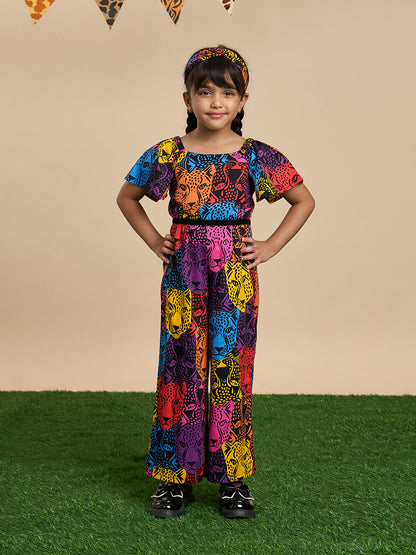 Leopard Girls Multi Color Stylish Jumpsuit with Hairband from Siblings Collection