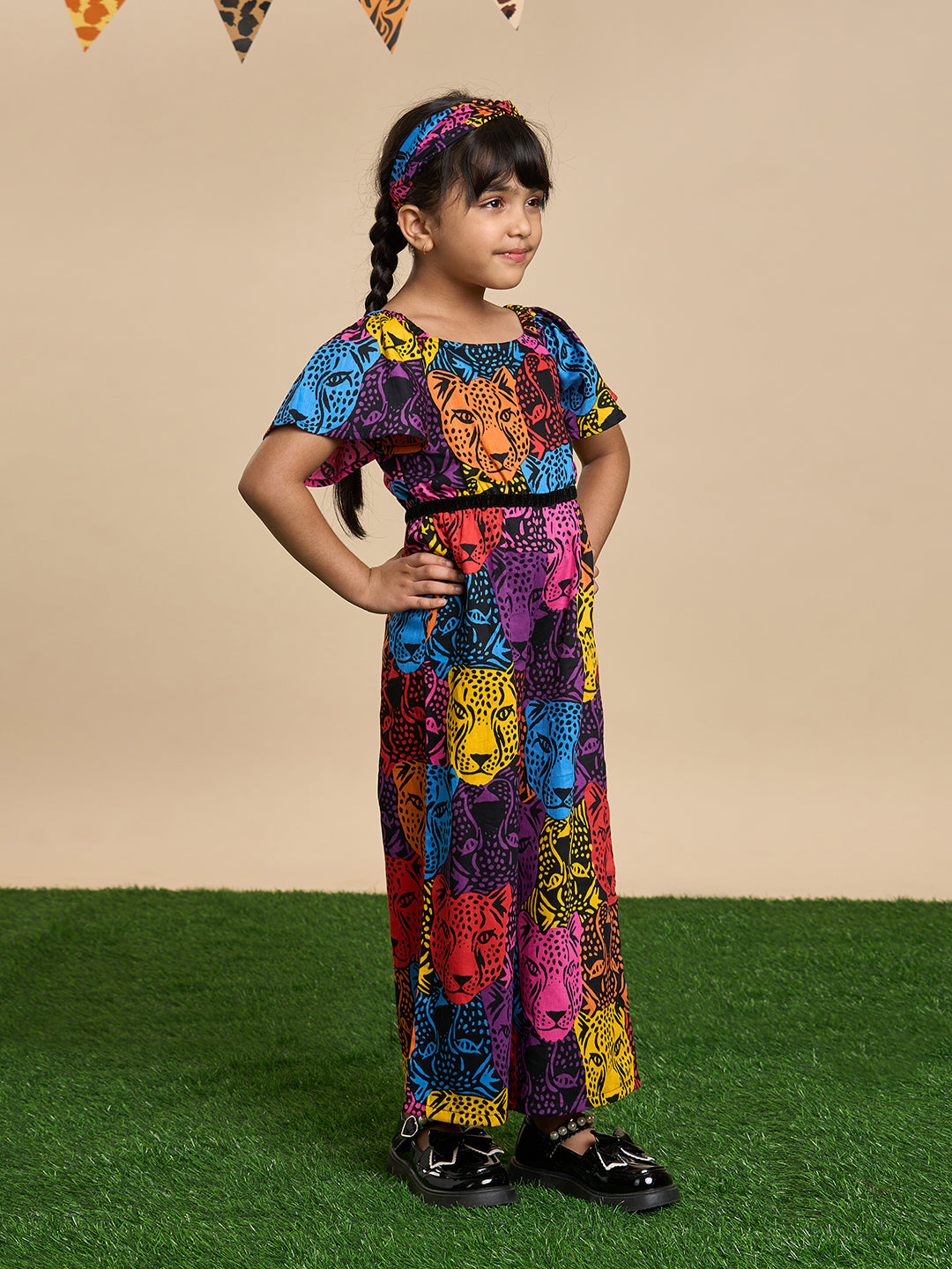 Leopard Girls Multi Color Stylish Jumpsuit with Hairband from Siblings Collection