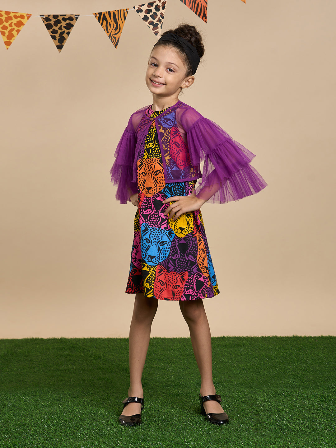 Leopard Girls Multi Color Stylish Dress with Purple Shrug and Hairband from Siblings Collection