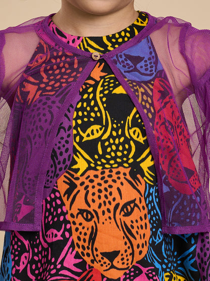 Leopard Girls Multi Color Stylish Dress with Purple Shrug and Hairband from Siblings Collection