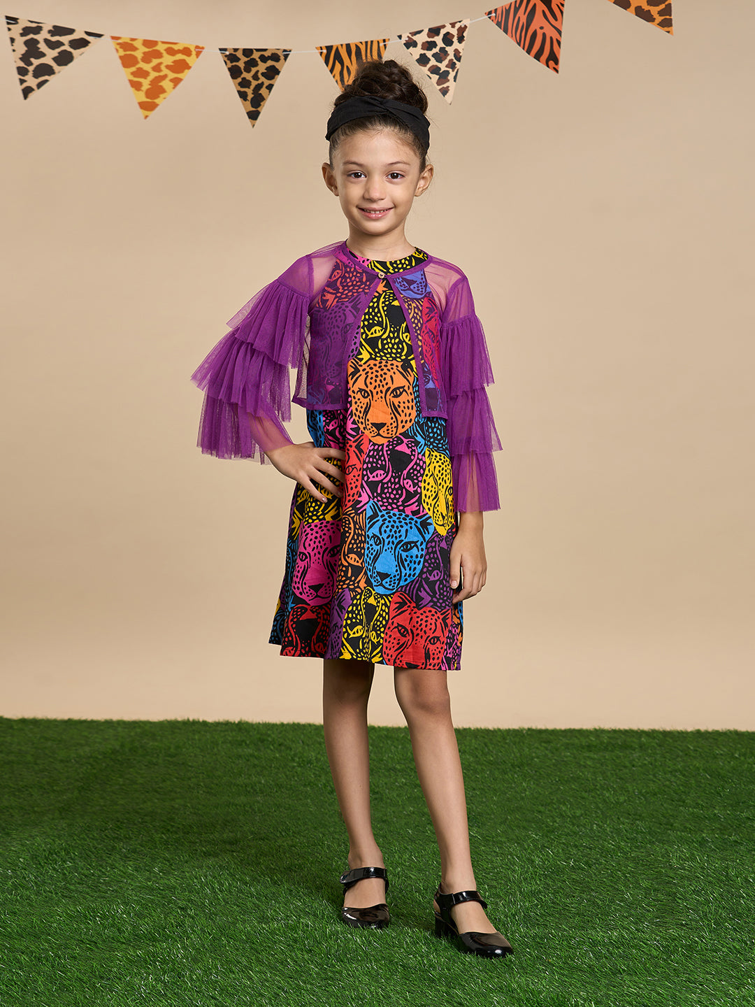 Leopard Girls Multi Color Stylish Dress with Purple Shrug and Hairband from Siblings Collection