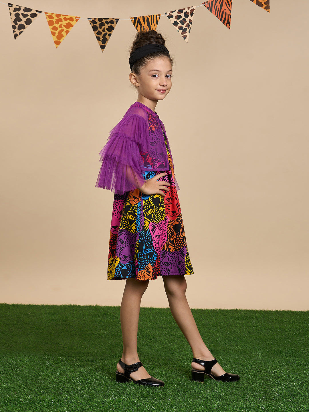 Leopard Girls Multi Color Stylish Dress with Purple Shrug and Hairband from Siblings Collection