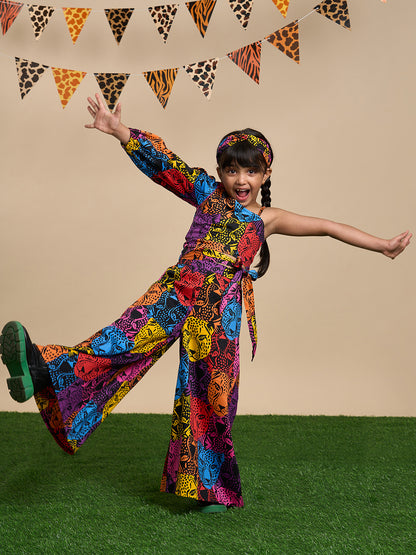 Leopard Girls Multi Color Stylish Top and Pant Set with Hairband from Siblings Collection