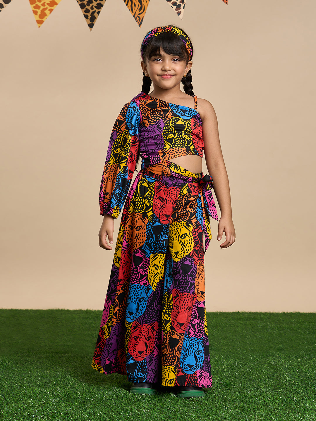 Leopard Girls Multi Color Stylish Top and Pant Set with Hairband from Siblings Collection