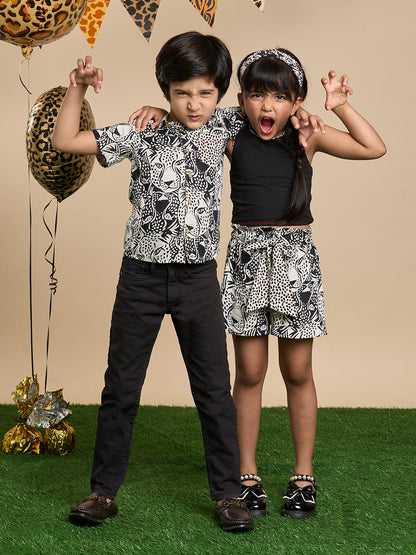 Leopard Girls Brown and Black Printed Top and Shorts Set with Hairband from Siblings Collection