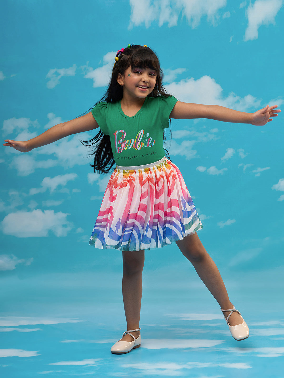 Rainbow Barbie Girls Green T-shirt with Skirt Party Co-ordinate Set