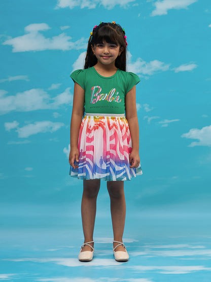 Rainbow Barbie Girls Green T-shirt with Skirt Party Co-ordinate Set