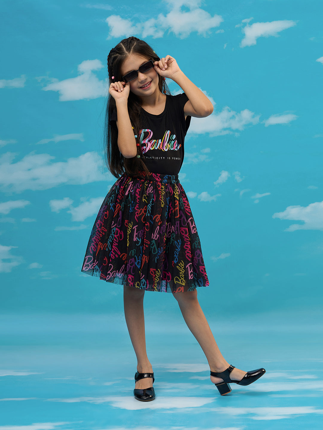 Rainbow Barbie Girls Black T-shirt with Skirt Party Co-ordinate Set