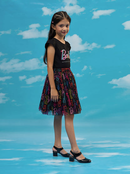 Rainbow Barbie Girls Black T-shirt with Skirt Party Co-ordinate Set