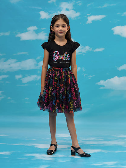 Rainbow Barbie Girls Black T-shirt with Skirt Party Co-ordinate Set