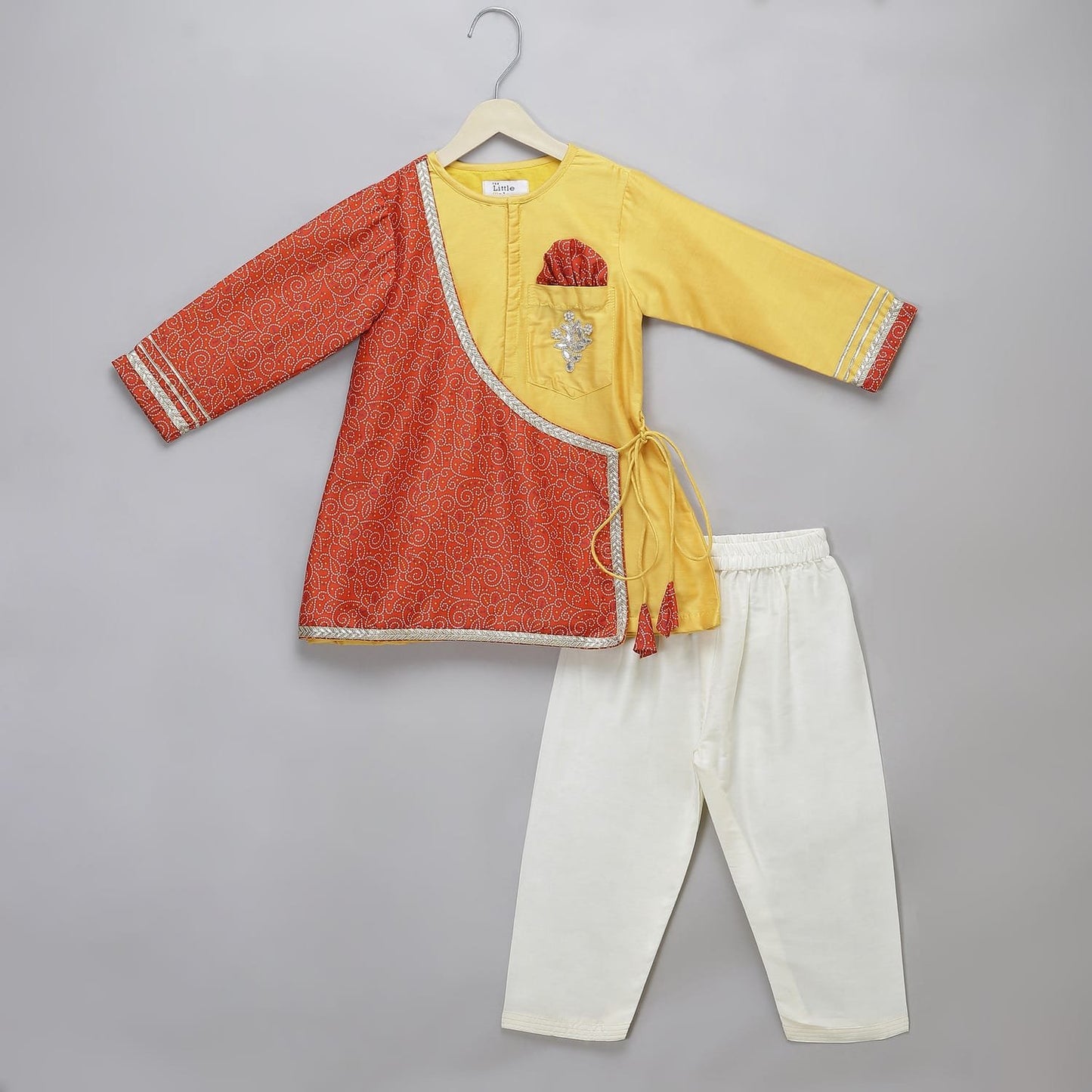 YELLOW AND CORAL PRINTED ANGRAKHA STYLE SET