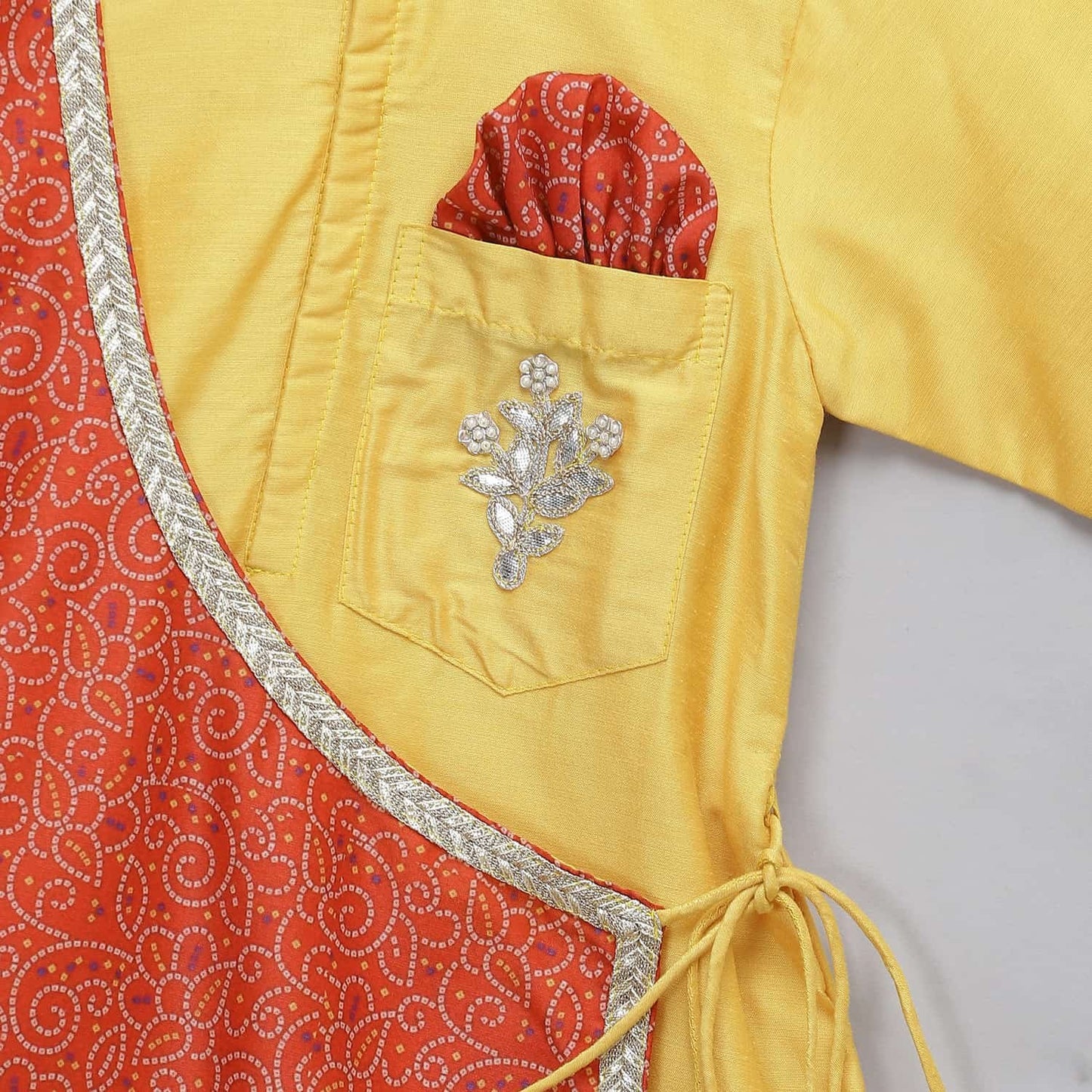 YELLOW AND CORAL PRINTED ANGRAKHA STYLE SET