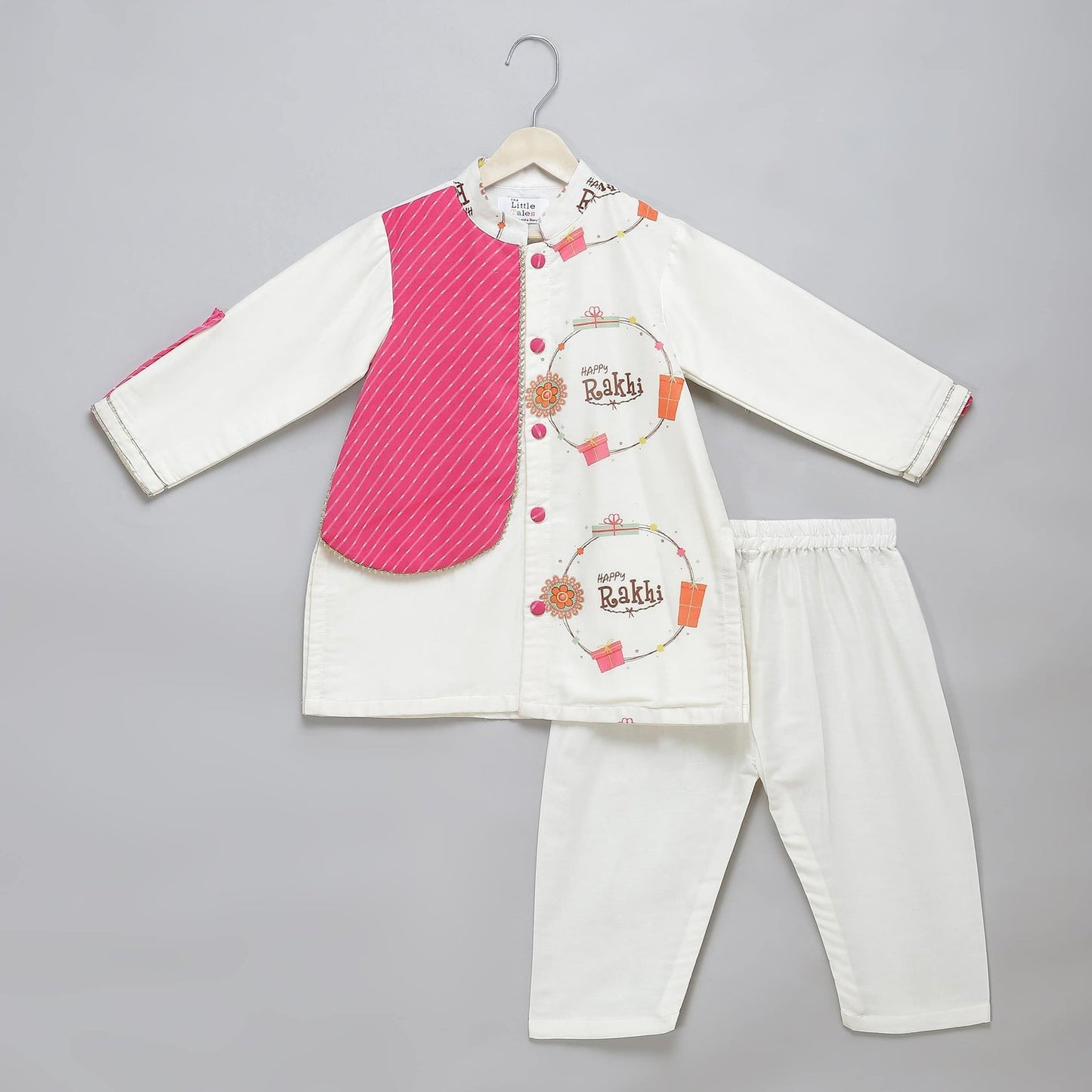 OFF WHITE HAPPY RAKHI PRINTED KURTA PYJAMA SET