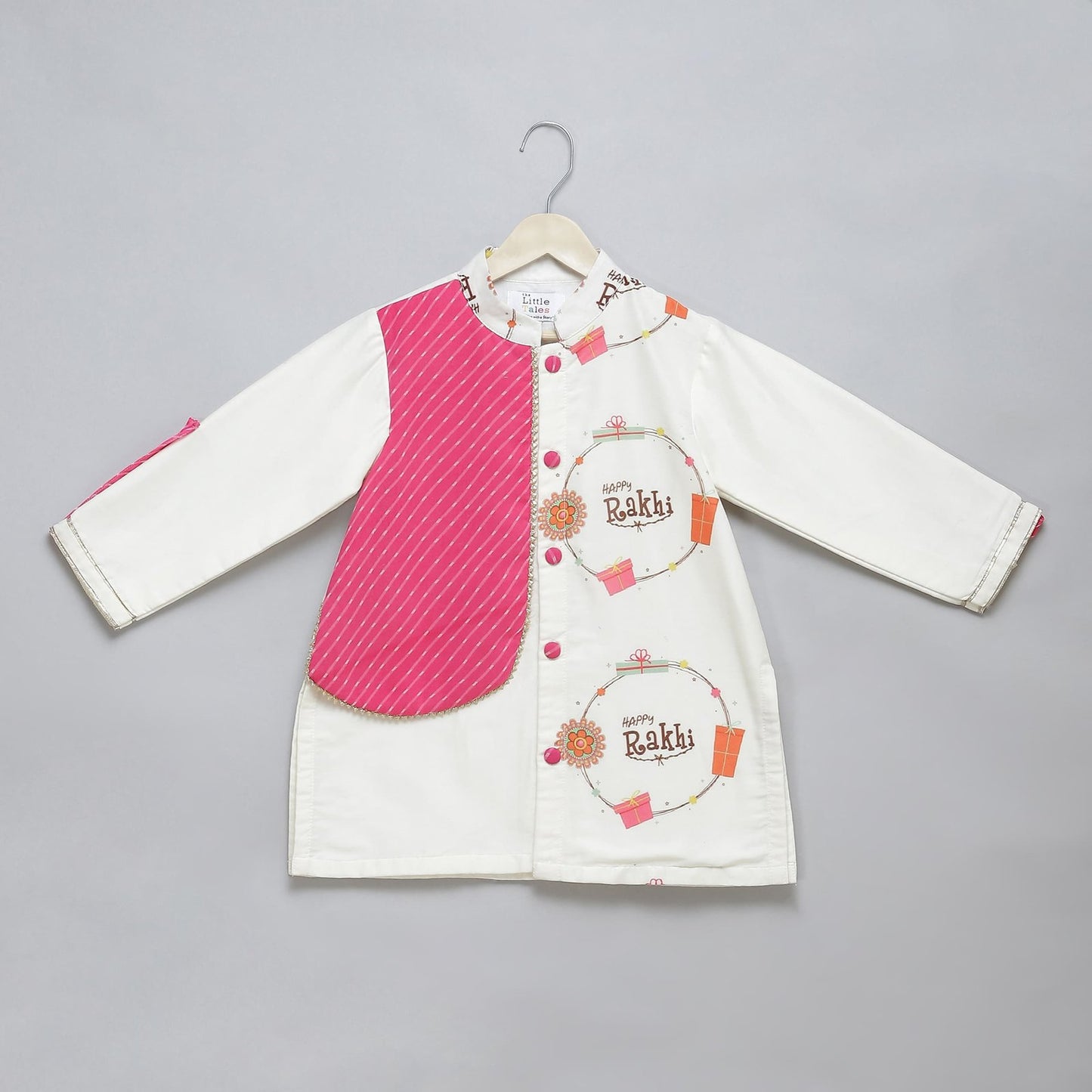 OFF WHITE HAPPY RAKHI PRINTED KURTA PYJAMA SET