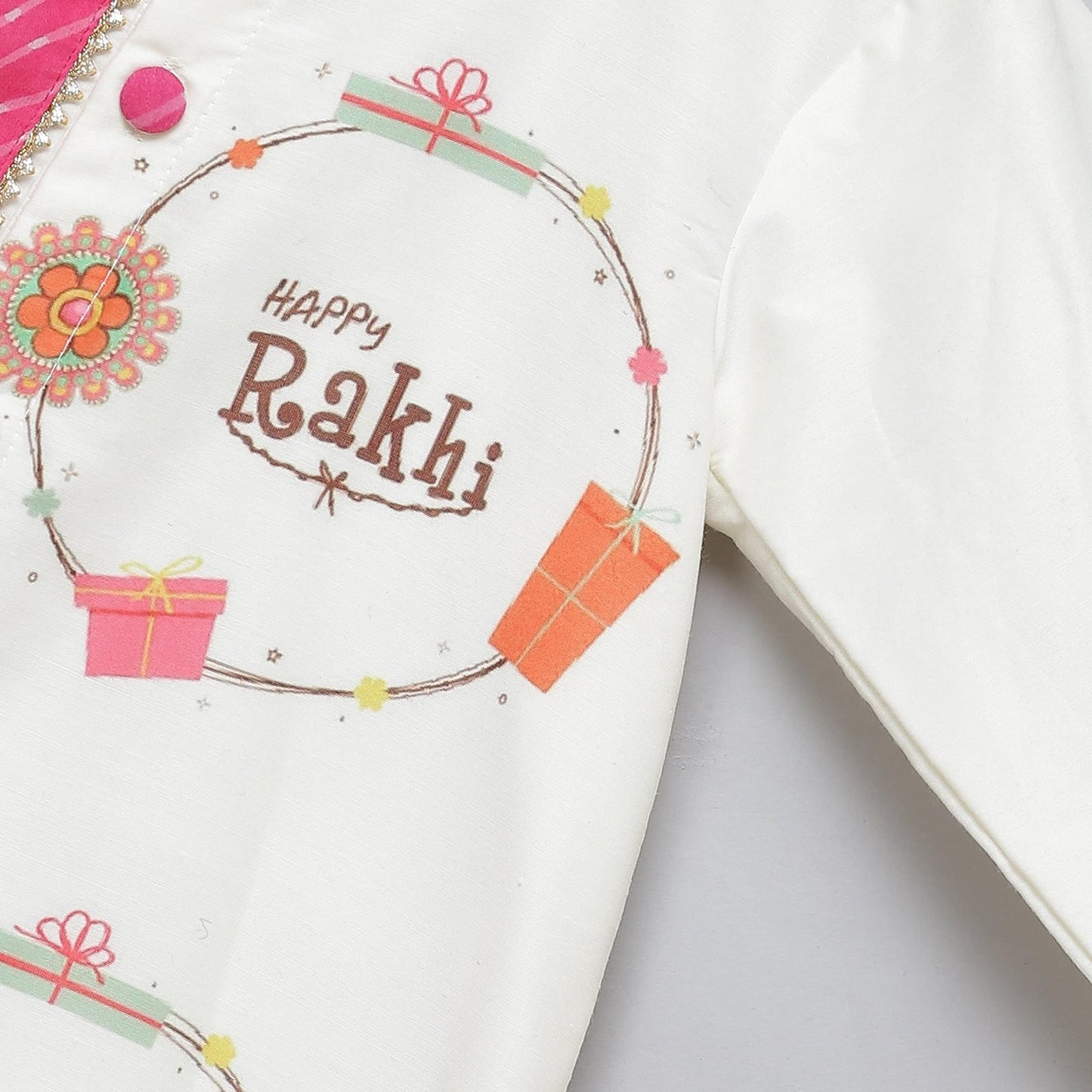 OFF WHITE HAPPY RAKHI PRINTED KURTA PYJAMA SET