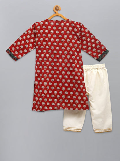 RED PRINTED GODET KURTA WITH OFF WHITE PYJAMA